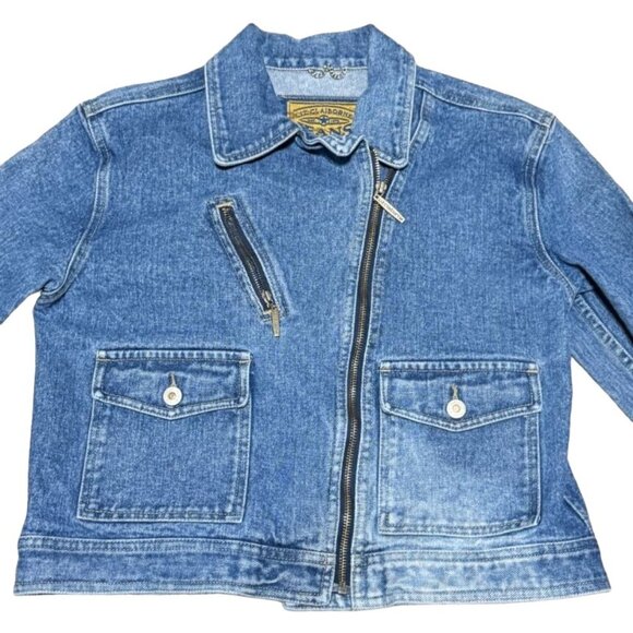 VTG BIKER DENIM TRUCKER JACKET SZ 4 BLUE CROPPED ASYMETRICAL ZIPPER WOMENS - Picture 2 of 5